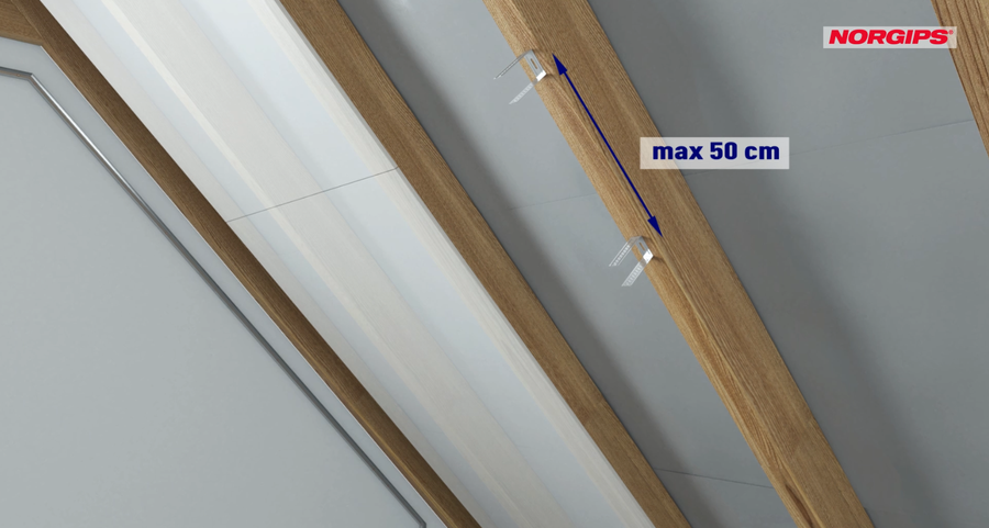 Determinarea locației pentru instalarea cârligelor plate de tip ES sau de tip L - instalarea plăcilor de gips-carton paralel cu căpriorii.
